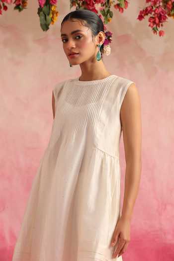 Shop_Weaver Story_White Chanderi Silk Embroidery Boat Neck Motiya Anarkali And Pant Set _Online_at_Aza_Fashions