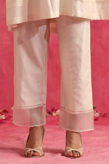 Weaver Story_White Chanderi Silk Embroidery Boat Neck Motiya Anarkali And Pant Set _at_Aza_Fashions