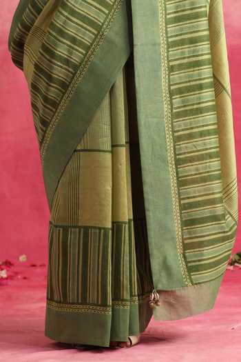 Weaver Story_Green Chanderi Geometric Stripe Saree _Online_at_Aza_Fashions
