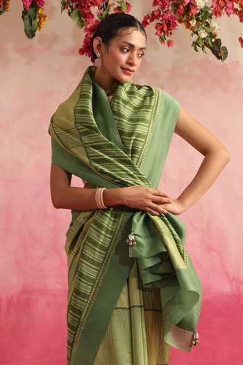 Buy_Weaver Story_Green Chanderi Geometric Stripe Saree _Online_at_Aza_Fashions