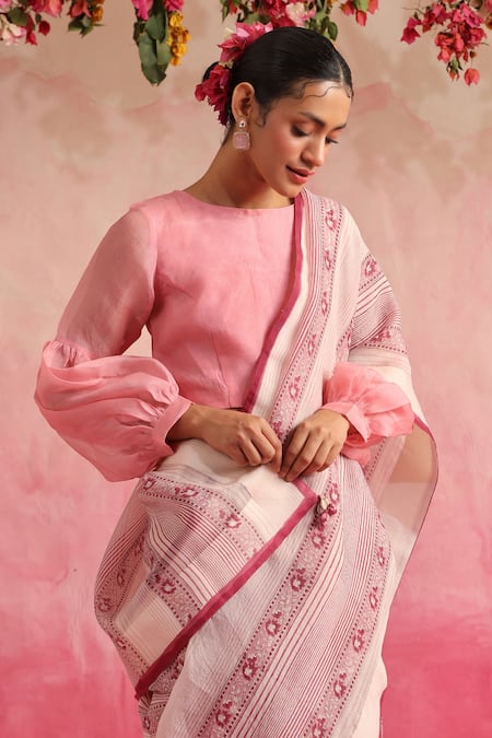 Buy_Weaver Story_Off White Organza Manzar Hand Block Printed Saree _Online_at_Aza_Fashions