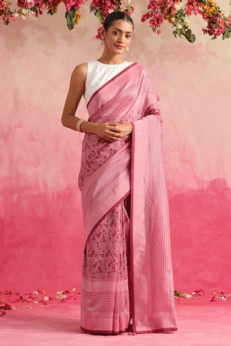 Weaver Story Pink Chanderi Hand Block Print Stripe Guldaudi Saree 