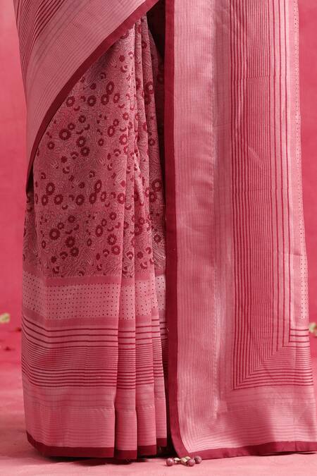 Weaver Story_Pink Chanderi Guldaudi Hand Block Printed Saree_Online_at_Aza_Fashions
