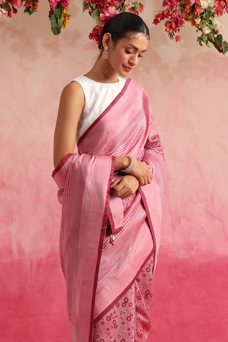 Buy_Weaver Story_Pink Chanderi Guldaudi Hand Block Printed Saree_Online_at_Aza_Fashions