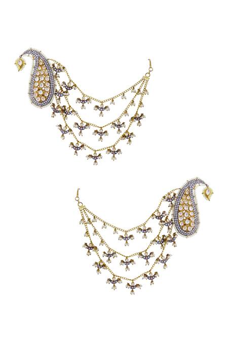 Shop_Zevar By Geeta_Gold Plated Pearl Kundan Paisley Cuff_at_Aza_Fashions