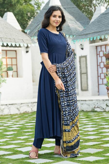 Buy_Pheeta_Blue Rayon Gota Patti, Embroidery Round Anarkali Set With Bandhej Print Dupatta_Online_at_Aza_Fashions