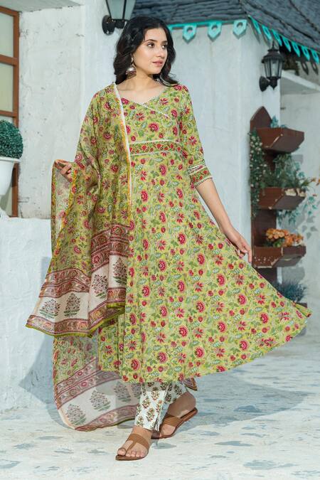 Shop_Pheeta_Green Cotton Print Floweret Bloom Tear Drop Neck Anarkali Set _Online_at_Aza_Fashions