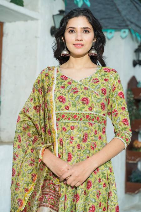 Pheeta_Green Cotton Print Floweret Bloom Tear Drop Neck Anarkali Set _at_Aza_Fashions