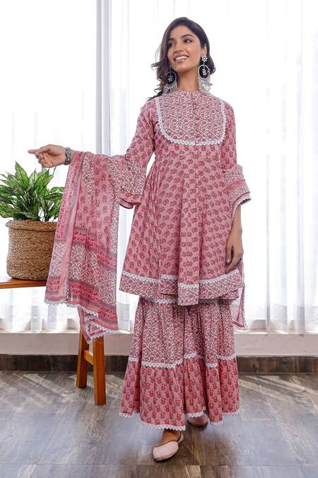 Pheeta Pink Cotton Print Floral Motif Stand Collar Flower Kurta Sharara Set Online at Aza Fashions Pheeta_Pink Cotton Print Floral Motif Stand Collar Flower Kurta Sharara Set _Online_at_Aza_Fashions