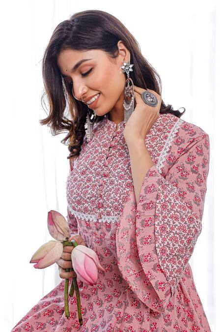Buy Pheeta Pink Cotton Print Floral Motif Stand Collar Flower Kurta Sharara Set Online at Aza Fashions Buy_Pheeta_Pink Cotton Print Floral Motif Stand Collar Flower Kurta Sharara Set _Online_at_Aza_Fashions
