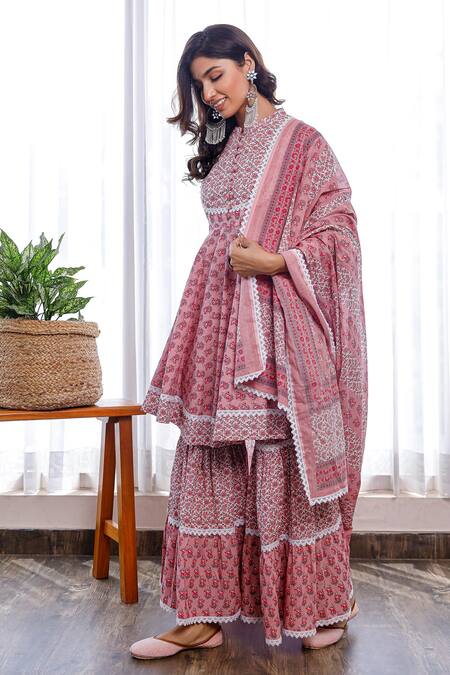 Shop Pheeta Pink Cotton Print Floral Motif Stand Collar Flower Kurta Sharara Set Online at Aza Fashions Shop_Pheeta_Pink Cotton Print Floral Motif Stand Collar Flower Kurta Sharara Set _Online_at_Aza_Fashions