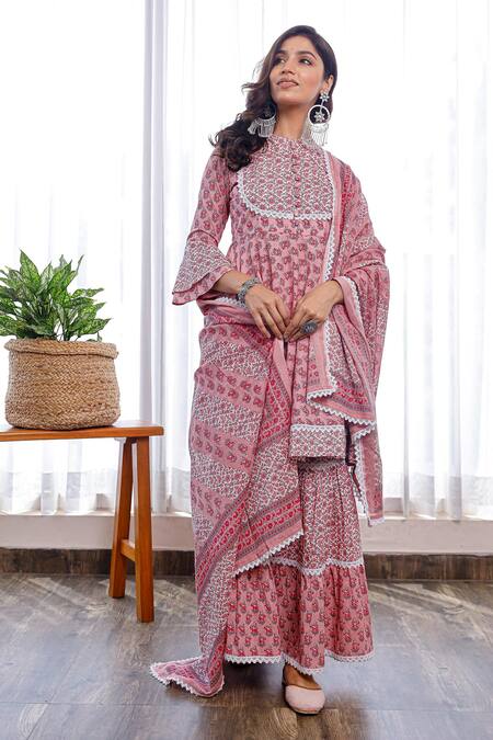 Pheeta Pink Cotton Print Floral Motif Stand Collar Flower Kurta Sharara Set at Aza Fashions Pheeta_Pink Cotton Print Floral Motif Stand Collar Flower Kurta Sharara Set _at_Aza_Fashions