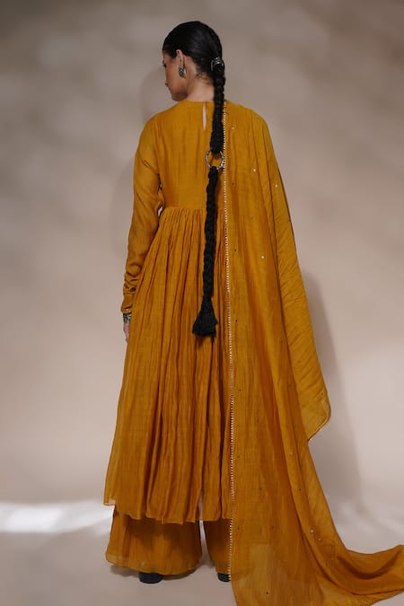 Shop Aditya Sikand Yellow 40 % Silk, 60 % Cotton Sequin And Gota Goyave Embroidered Yoke Anarkali Set at Aza Fashions Shop_Aditya Sikand_Yellow 40 % Silk, 60 % Cotton Sequin And Gota Goyave Embroidered Yoke Anarkali Set_at_Aza_Fashions