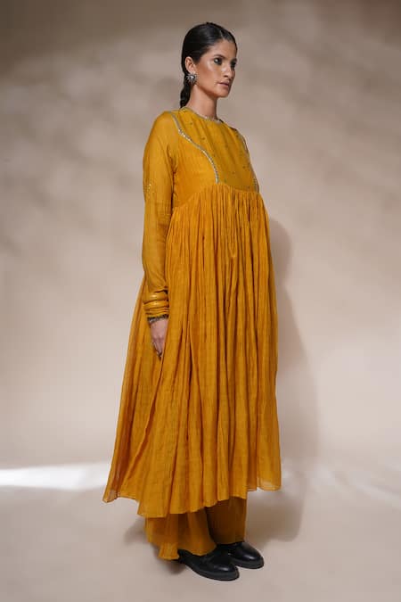 Aditya Sikand Yellow 40 % Silk, 60 % Cotton Sequin And Gota Goyave Embroidered Yoke Anarkali Set Online at Aza Fashions Aditya Sikand_Yellow 40 % Silk, 60 % Cotton Sequin And Gota Goyave Embroidered Yoke Anarkali Set_Online_at_Aza_Fashions