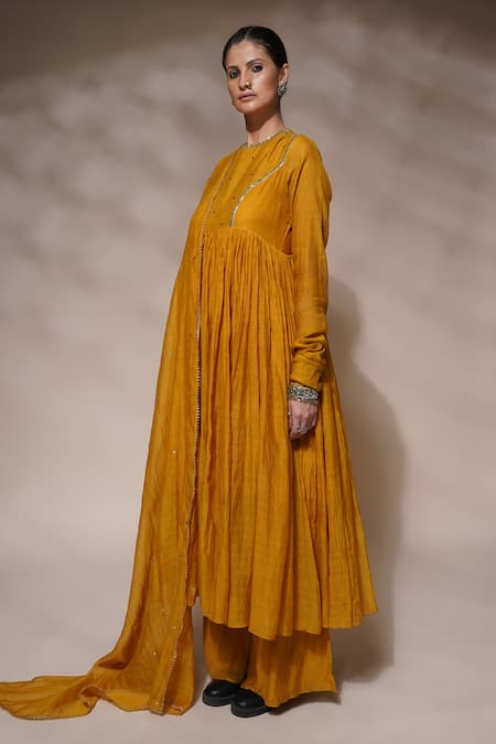 Shop Aditya Sikand Yellow 40 % Silk, 60 % Cotton Sequin And Gota Goyave Embroidered Yoke Anarkali Set Online at Aza Fashions Shop_Aditya Sikand_Yellow 40 % Silk, 60 % Cotton Sequin And Gota Goyave Embroidered Yoke Anarkali Set_Online_at_Aza_Fashions