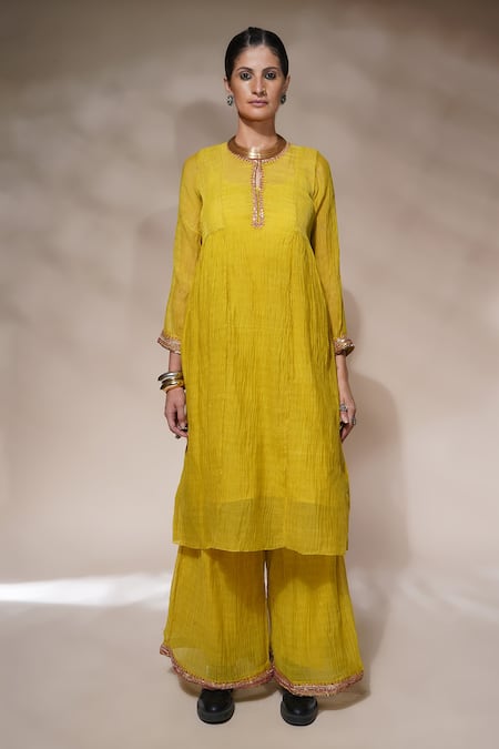 Aditya Sikand_Yellow 40 % Silk, 60 % Cotton Sequin, Dabka And Gota Jenny A-line Palazzo Set_Online_at_Aza_Fashions
