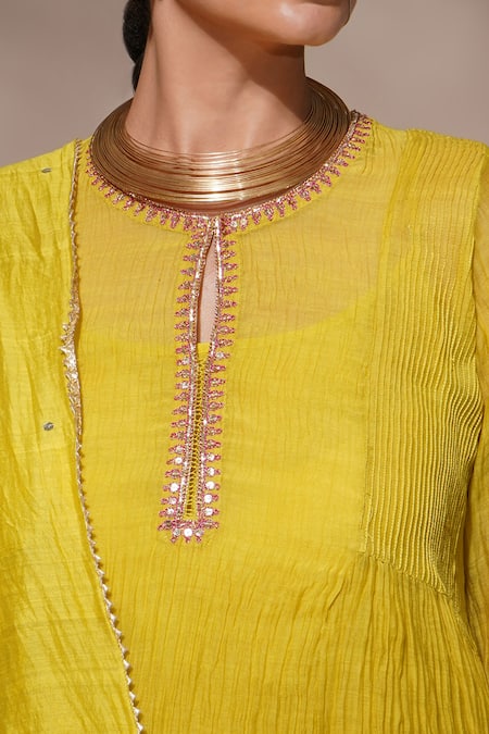 Shop_Aditya Sikand_Yellow 40 % Silk, 60 % Cotton Sequin, Dabka And Gota Jenny A-line Palazzo Set_Online_at_Aza_Fashions