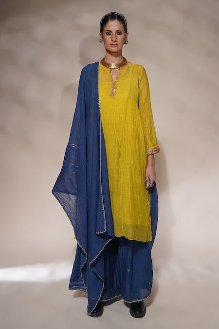 Aditya Sikand Yellow 40 % Silk, 60 % Cotton Sequin, Dabka Jenny A-line Handwoven Palazzo Set