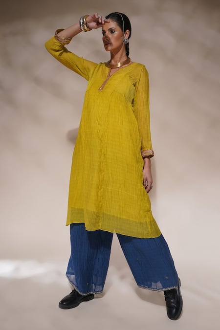 Shop_Aditya Sikand_Yellow 40 % Silk, 60 % Cotton Sequin, Dabka Jenny A-line Handwoven Palazzo Set_Online_at_Aza_Fashions
