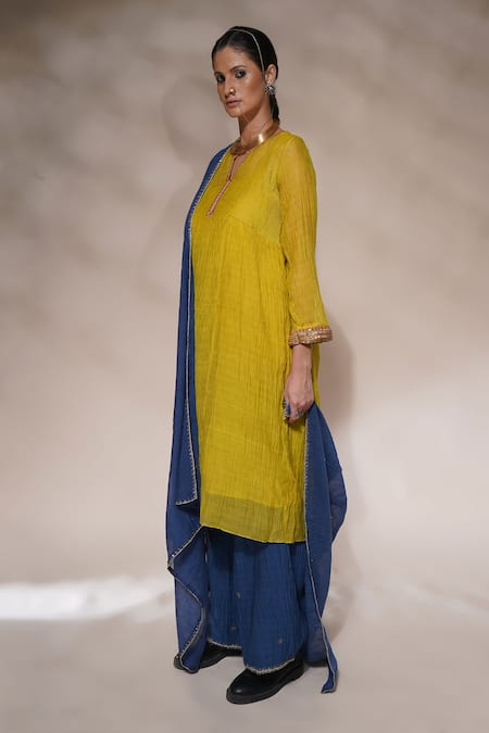 Aditya Sikand_Yellow 40 % Silk, 60 % Cotton Sequin, Dabka Jenny A-line Handwoven Palazzo Set_at_Aza_Fashions