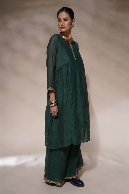 Aditya Sikand_Green 40 % Silk, 60 % Cotton Sequin, Dabka And Jenny A-line Pleated Panelled Set_Online_at_Aza_Fashions