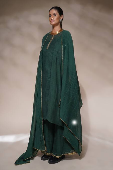 Buy_Aditya Sikand_Green 40 % Silk, 60 % Cotton Sequin, Dabka And Jenny A-line Pleated Panelled Set_Online_at_Aza_Fashions