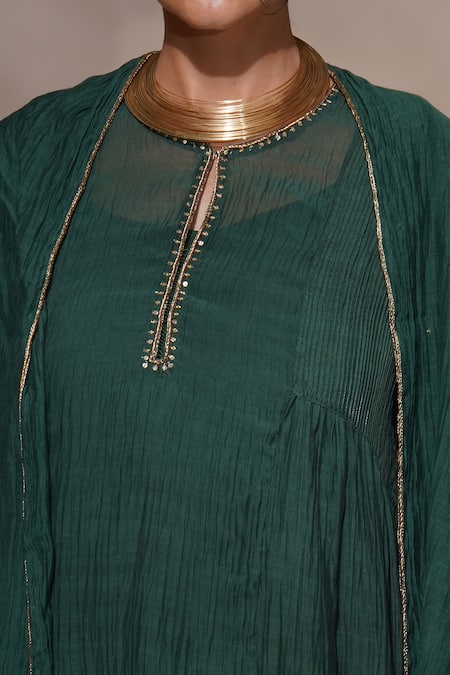 Shop_Aditya Sikand_Green 40 % Silk, 60 % Cotton Sequin, Dabka And Jenny A-line Pleated Panelled Set_Online_at_Aza_Fashions