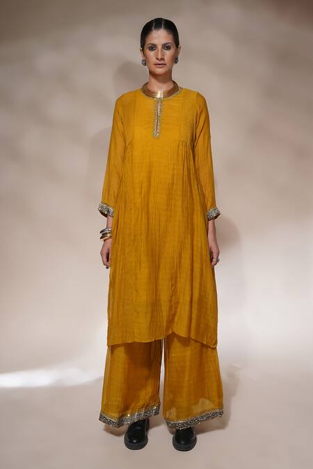 Aditya Sikand_Yellow 40 % Silk, 60 % Cotton Sequin, Dabka And Jenny A-line Panelled Kurta Set_Online_at_Aza_Fashions