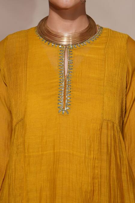 Buy_Aditya Sikand_Yellow 40 % Silk, 60 % Cotton Sequin, Dabka And Jenny A-line Panelled Kurta Set_Online_at_Aza_Fashions