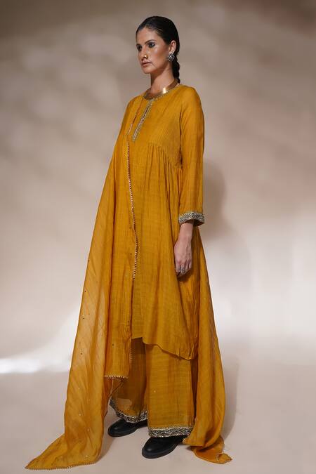 Shop_Aditya Sikand_Yellow 40 % Silk, 60 % Cotton Sequin, Dabka And Jenny A-line Panelled Kurta Set_Online_at_Aza_Fashions
