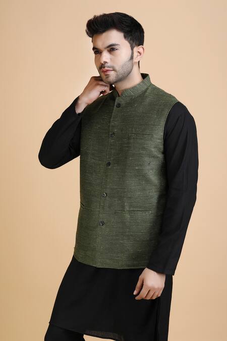 Buy_Dusala_Grey Cotton Mahesh Woven Solid Waistcoat_Online_at_Aza_Fashions