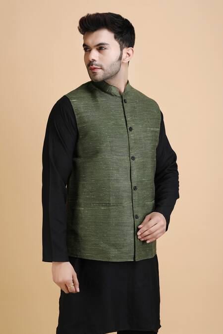 Shop_Dusala_Grey Cotton Mahesh Woven Solid Waistcoat_Online_at_Aza_Fashions