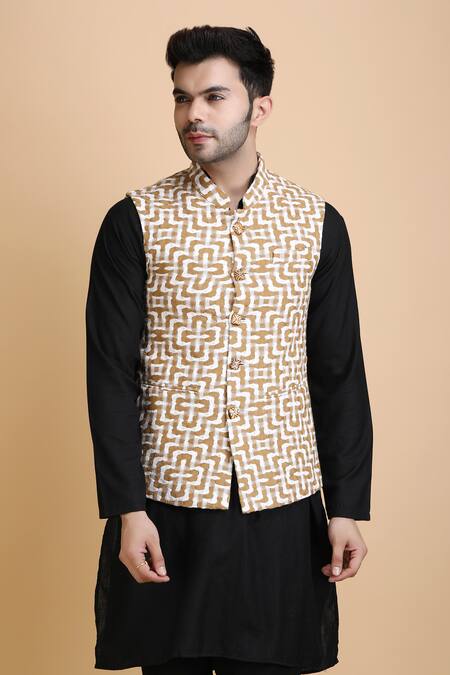 Dusala_Brown Cotton Embroidery Omkar Floral Pattern Waistcoat_Online_at_Aza_Fashions