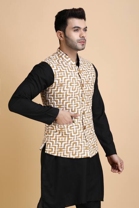 Buy_Dusala_Brown Cotton Embroidery Omkar Floral Pattern Waistcoat_Online_at_Aza_Fashions