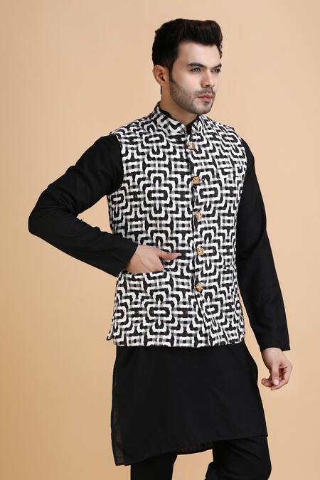 Buy_Dusala_Black Cotton Embroidery Siddhant Blossom Pattern Waistcoat_Online_at_Aza_Fashions