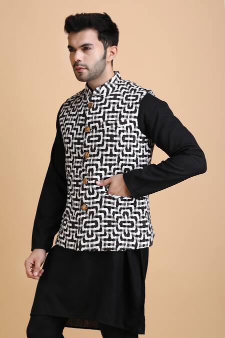 Shop_Dusala_Black Cotton Embroidery Siddhant Blossom Pattern Waistcoat_Online_at_Aza_Fashions