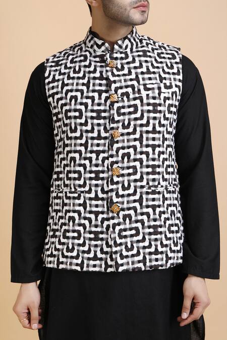 Dusala_Black Cotton Embroidery Siddhant Blossom Pattern Waistcoat_at_Aza_Fashions