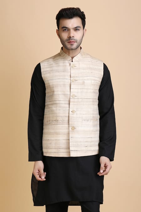 Dusala_Grey Kota Doria Shekhar Kosa Silk Waistcoat_Online_at_Aza_Fashions