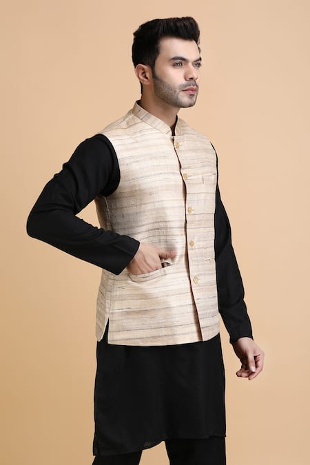 Shop_Dusala_Grey Kota Doria Shekhar Kosa Silk Waistcoat_Online_at_Aza_Fashions