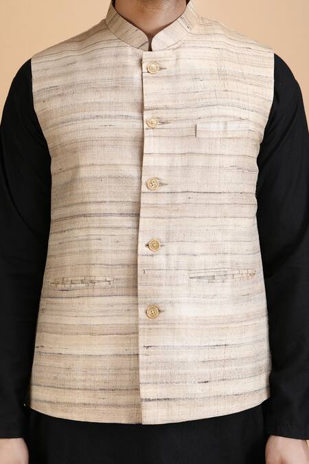 Dusala_Grey Kota Doria Shekhar Kosa Silk Waistcoat_at_Aza_Fashions