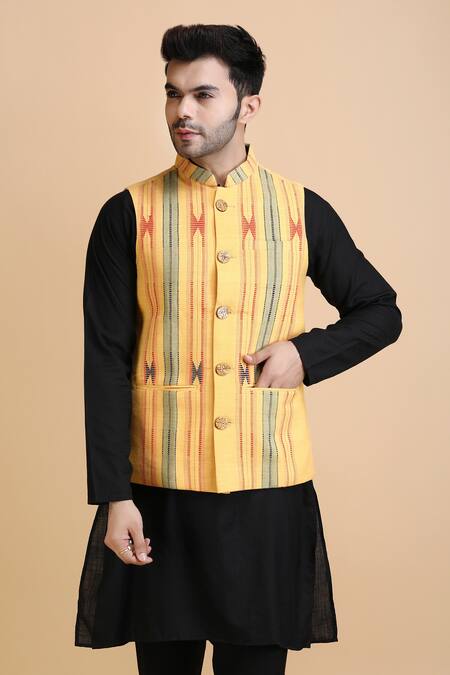 Dusala_Yellow Cotton Tribal Pattern Waistcoat_Online_at_Aza_Fashions