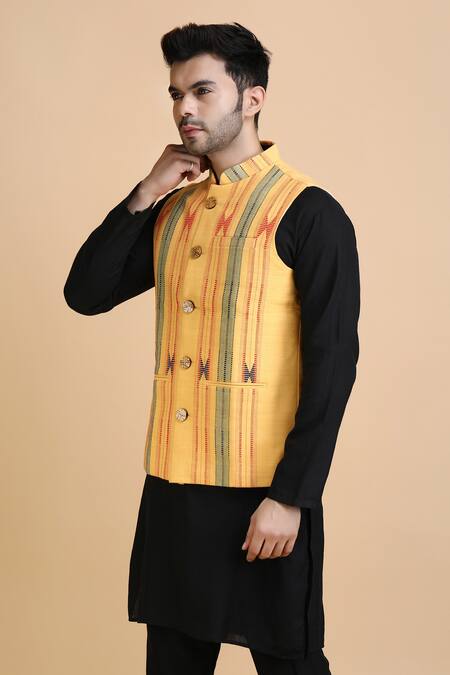 Buy_Dusala_Yellow Cotton Tribal Pattern Waistcoat_Online_at_Aza_Fashions