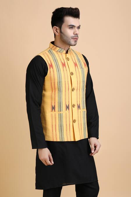 Shop_Dusala_Yellow Cotton Tribal Pattern Waistcoat_Online_at_Aza_Fashions