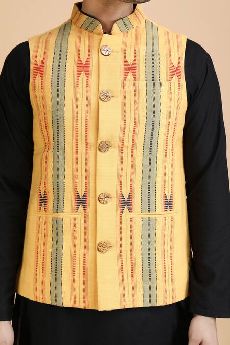 Dusala_Yellow Cotton Tribal Pattern Waistcoat_at_Aza_Fashions