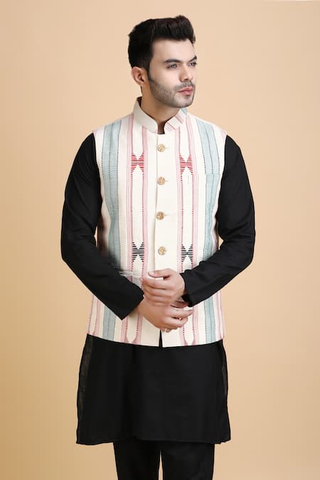Dusala_White Cotton Embroidery Maurya Woven Waistcoat_Online_at_Aza_Fashions