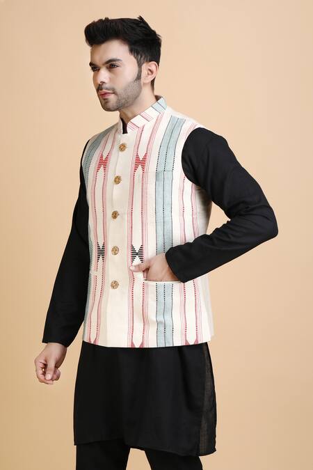 Buy_Dusala_White Cotton Embroidery Maurya Woven Waistcoat_Online_at_Aza_Fashions