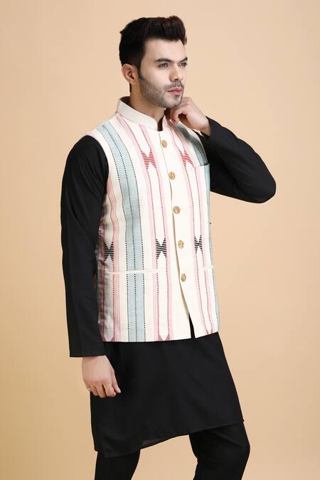 Shop_Dusala_White Cotton Embroidery Maurya Woven Waistcoat_Online_at_Aza_Fashions