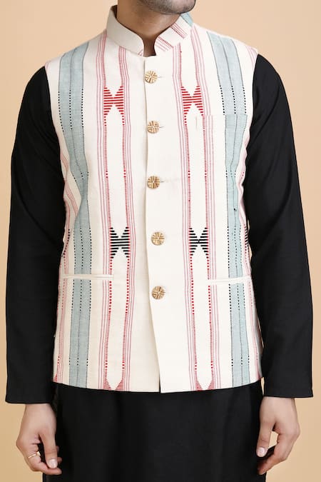Dusala_White Cotton Embroidery Maurya Woven Waistcoat_at_Aza_Fashions