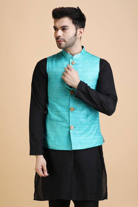 Dusala_Blue Kota Doria Ashok Solid Woven Waistcoat_Online_at_Aza_Fashions