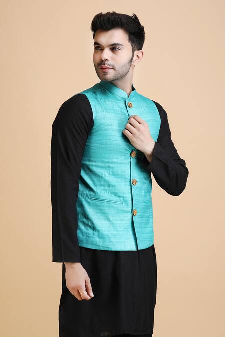 Buy_Dusala_Blue Kota Doria Ashok Solid Woven Waistcoat_Online_at_Aza_Fashions